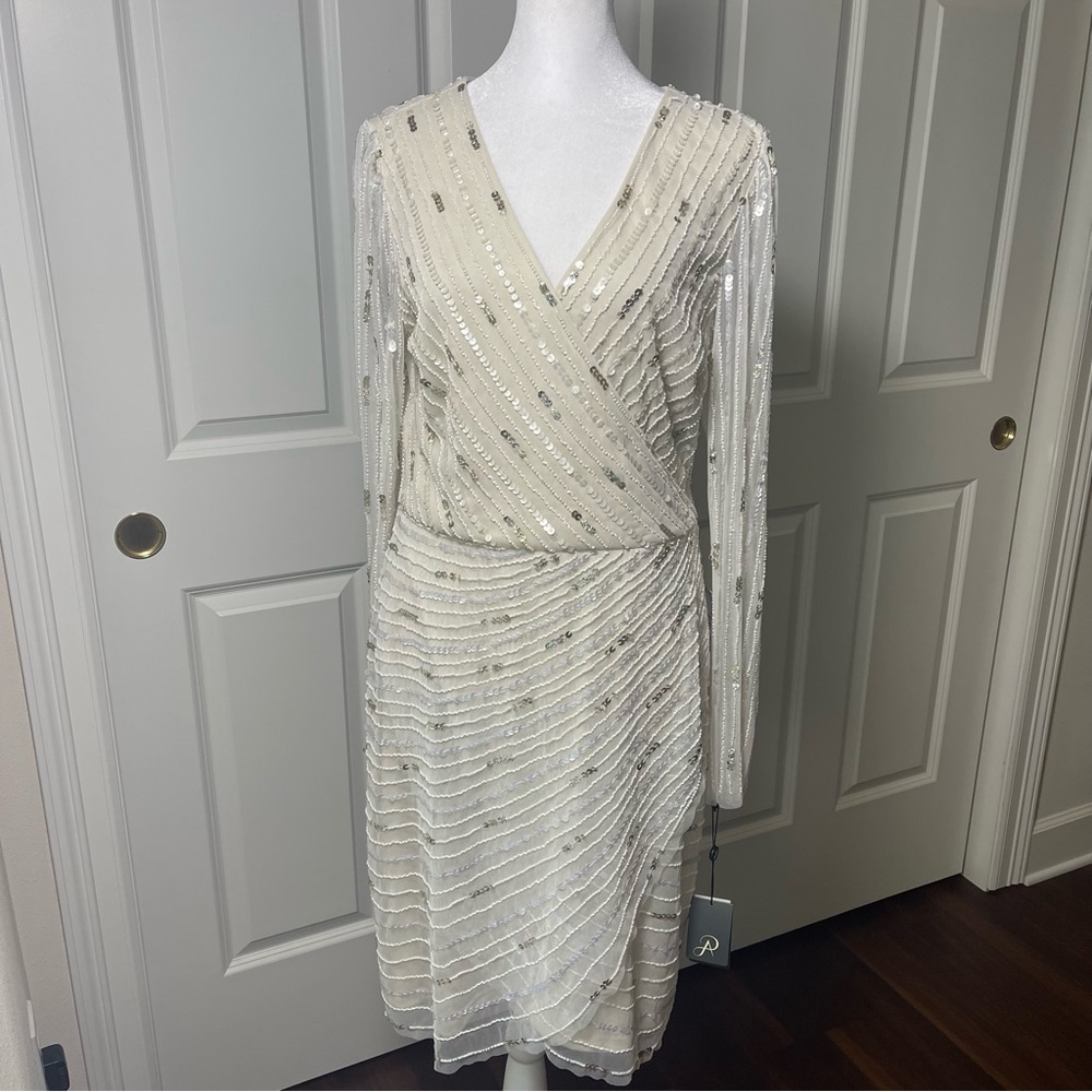 NWT Adrianna Papell White Beaded Sequins Embellished Dress Sheer Sleeves V-Neck - Picture 2 of 16
